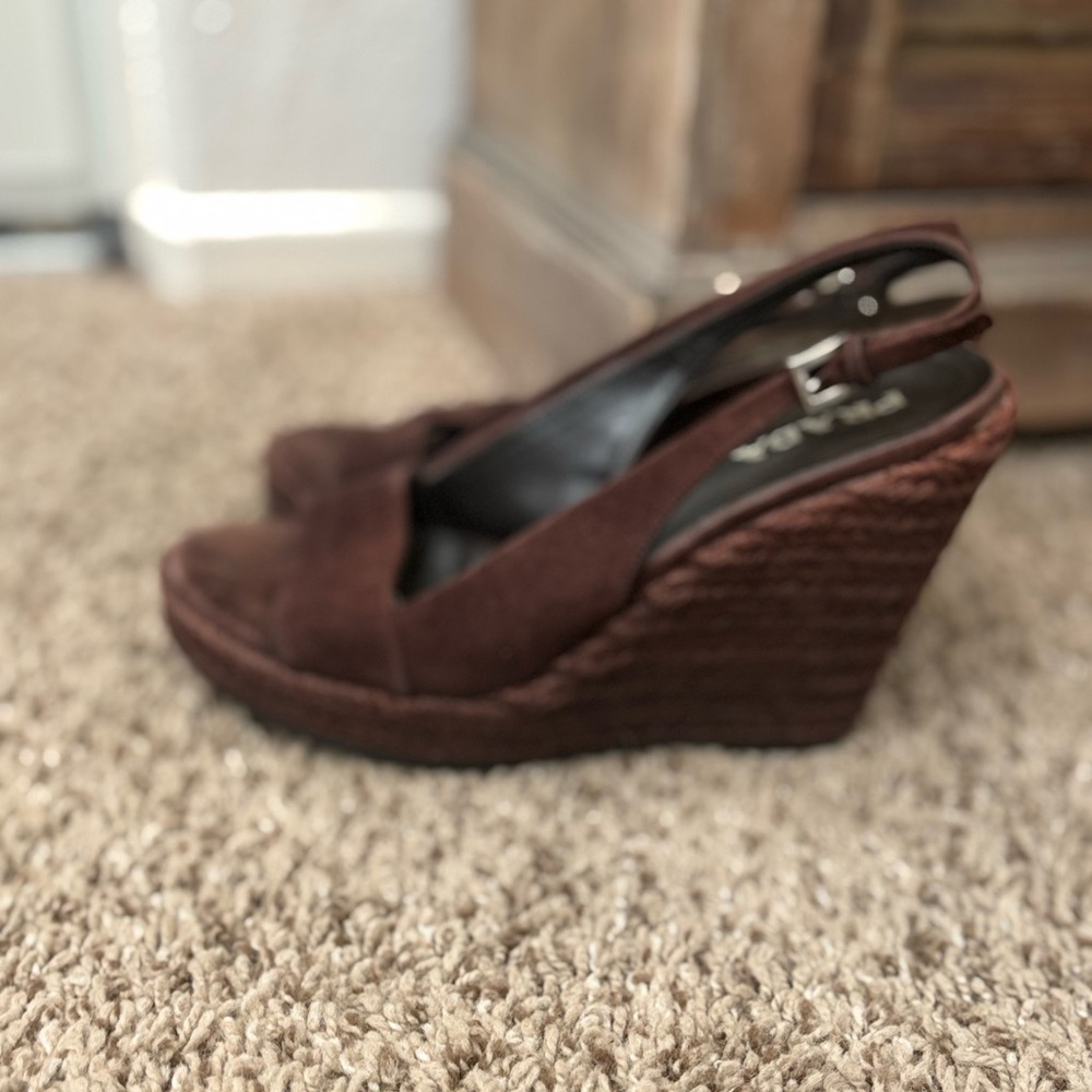 SOLD- PRADA Espadrille Wedge Slingback Sandals in Brown Suede Size 8 38 1/2